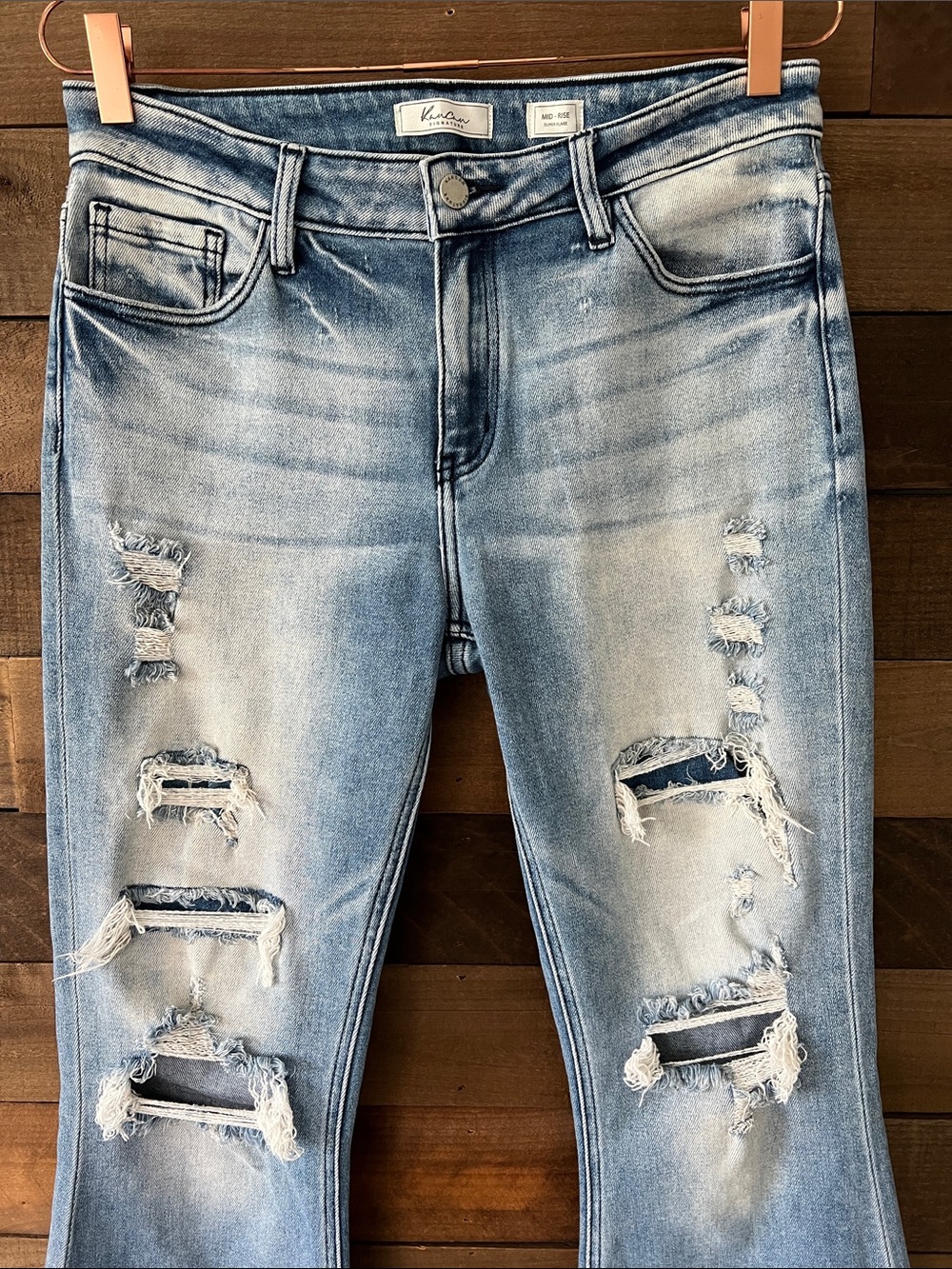 KanCan Women's Mid Rise Super Flare Distressed Jeans in Lightwash Blue Size 29T - Picture 3 of 9